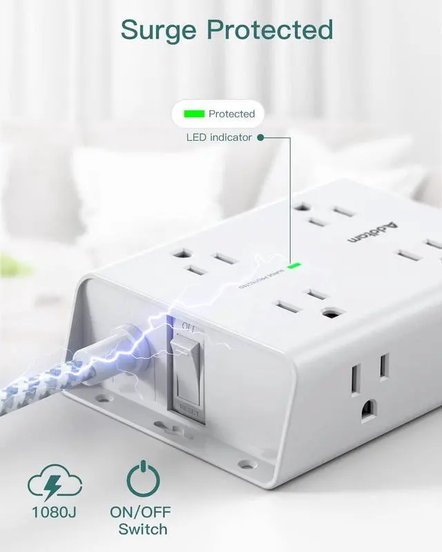 Alt view image 12 of 14 - Surge Protector Power Strip - 8 Widely Outlets with 4 USB Ports(1 USB C Outlet), Addtam 3-Side Outlet Extender Strip with 5Ft Extension Cord, Flat Plug, Wall Mount for Dorm Home Office, ETL Listed