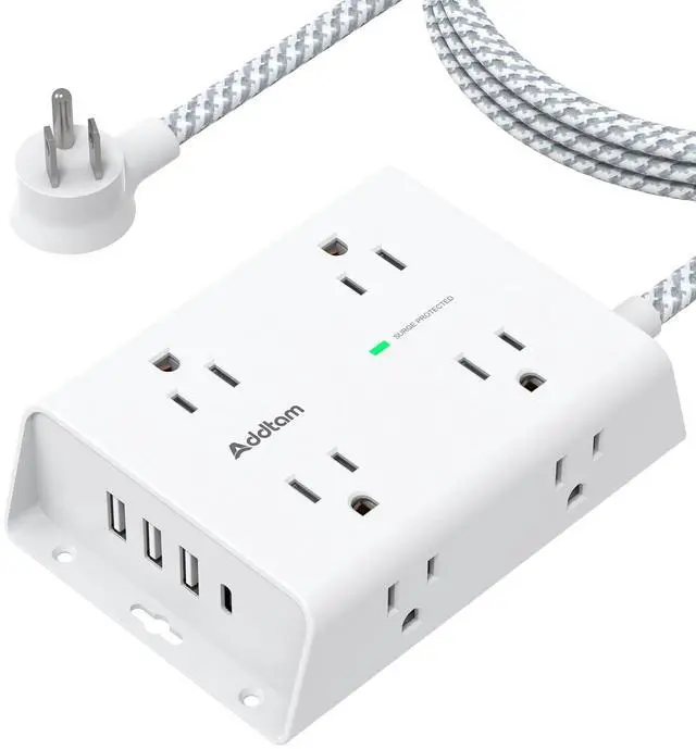 Alt view image 8 of 14 - Surge Protector Power Strip - 8 Widely Outlets with 4 USB Ports(1 USB C Outlet), Addtam 3-Side Outlet Extender Strip with 5Ft Extension Cord, Flat Plug, Wall Mount for Dorm Home Office, ETL Listed