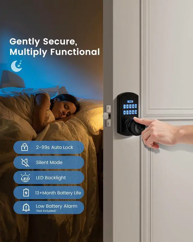 Alt view image 13 of 14 - Keypad Door Lock with Code, Electronic Keyless Entry Door Lock for Front Door, Door Knob with Keypad, Easy Passage Mode, Matte Black