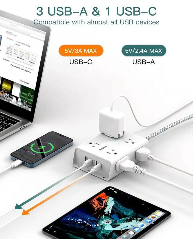 Alt view image 11 of 14 - Surge Protector Power Strip - 8 Widely Outlets with 4 USB Ports(1 USB C Outlet), Addtam 3-Side Outlet Extender Strip with 5Ft Extension Cord, Flat Plug, Wall Mount for Dorm Home Office, ETL Listed