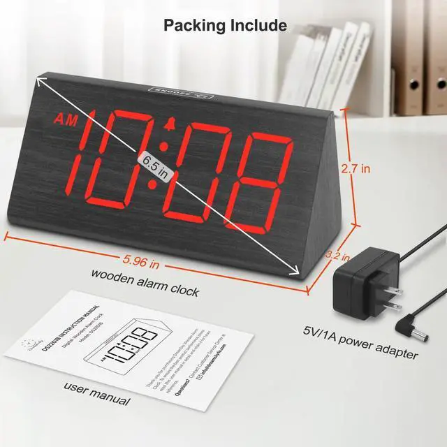 Alt view image 14 of 14 - Wooden Digital Alarm Clocks for Bedrooms - Electric Desk Clock with Large Red Numbers, USB Port, Battery Backup Alarm, Adjustable Volume, Wood Décor, Dimmer, Snooze, DST (Adapter Powered)