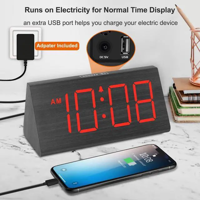 Alt view image 12 of 14 - Wooden Digital Alarm Clocks for Bedrooms - Electric Desk Clock with Large Red Numbers, USB Port, Battery Backup Alarm, Adjustable Volume, Wood Décor, Dimmer, Snooze, DST (Adapter Powered)