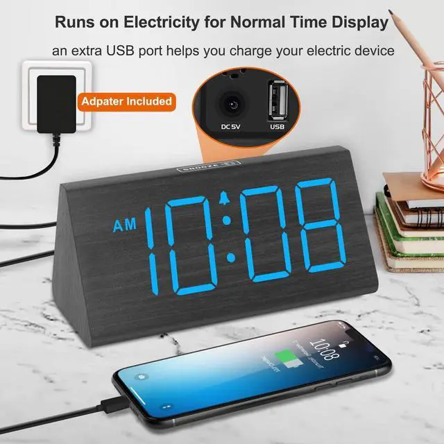 Alt view image 12 of 14 - Wooden Digital Alarm Clocks for Bedrooms - Electric Desk Clock with Large Numbers, USB Port, Loud Alarm for Heavy Sleepers, Adjustable Volume, Dimmer, DST, Wood Décor Gifts, Adapter Powered