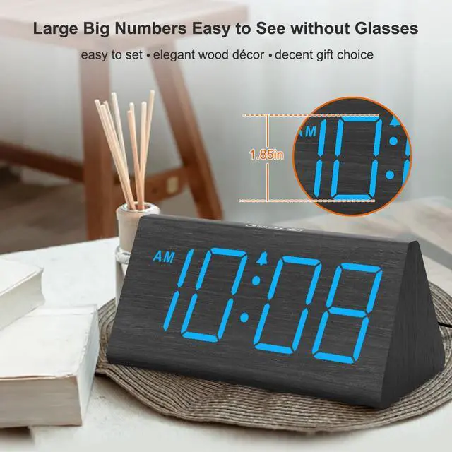 Alt view image 9 of 14 - Wooden Digital Alarm Clocks for Bedrooms - Electric Desk Clock with Large Numbers, USB Port, Loud Alarm for Heavy Sleepers, Adjustable Volume, Dimmer, DST, Wood Décor Gifts, Adapter Powered
