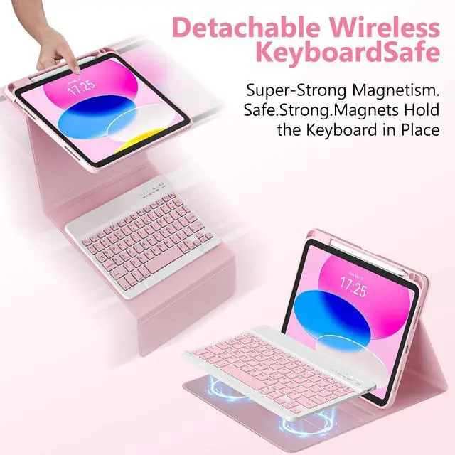 Alt view image 12 of 14 - for iPad A16 11th 10th Generation Case with Keyboard - Detachable Folio Keyboard Cover with Pencil Holder for iPad 11-inch A16 2025 10th Gen 10.9 Inch 2022(Pink)