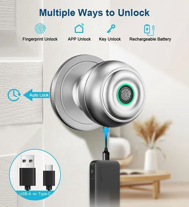 Alt view image 9 of 14 - Fingerprint Door Lock, Smart Fingerprint Door Knob with Lock, Biometric Door Locks with App Control & Key, Keyless Thumbprint Entry Door Locks for Bedroom, Front Door, Home, Apartment-Silver