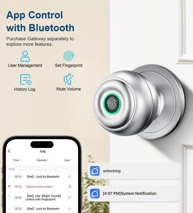 Alt view image 13 of 14 - Fingerprint Door Lock, Smart Fingerprint Door Knob with Lock, Biometric Door Locks with App Control & Key, Keyless Thumbprint Entry Door Locks for Bedroom, Front Door, Home, Apartment-Silver