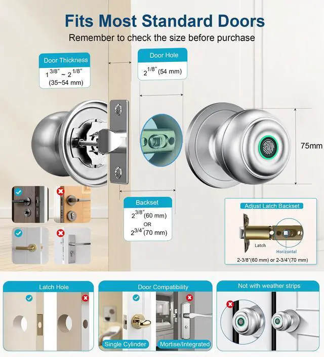 Alt view image 12 of 14 - Fingerprint Door Lock, Smart Fingerprint Door Knob with Lock, Biometric Door Locks with App Control & Key, Keyless Thumbprint Entry Door Locks for Bedroom, Front Door, Home, Apartment-Silver