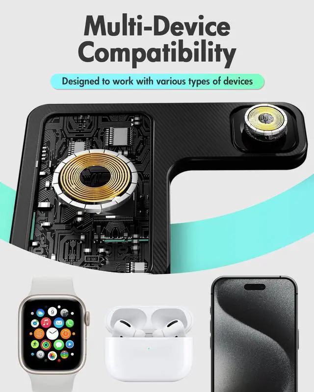 Alt view image 14 of 14 - Wireless Charger iPhone Charging Station: 3 in 1 Charger Stand Multiple Devices for Apple - iPhone 17 16e 16 15 14 Pro Max 13 12 11 - Watch 11 10 9 8 7 6 5 4 3 2 SE and Ultra Series - Airpods 4 3 Pro