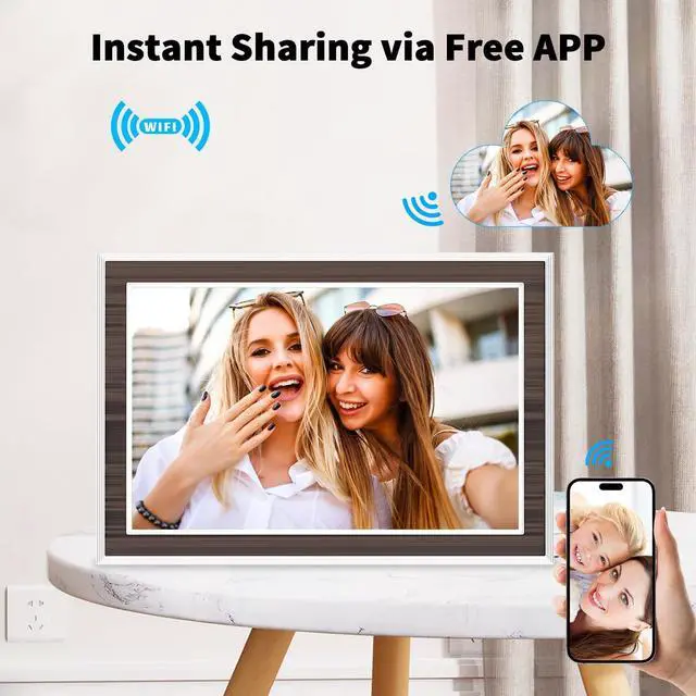 Alt view image 8 of 12 - Digital Picture Frame 10.1 Inch, WiFi Digital Photo Frame with 16GB Storage, IPS HD Touchscreen, Instant Photo & Video Upload via Uhale APP, Wall-Mounted, for Mom, Housewarming Wood