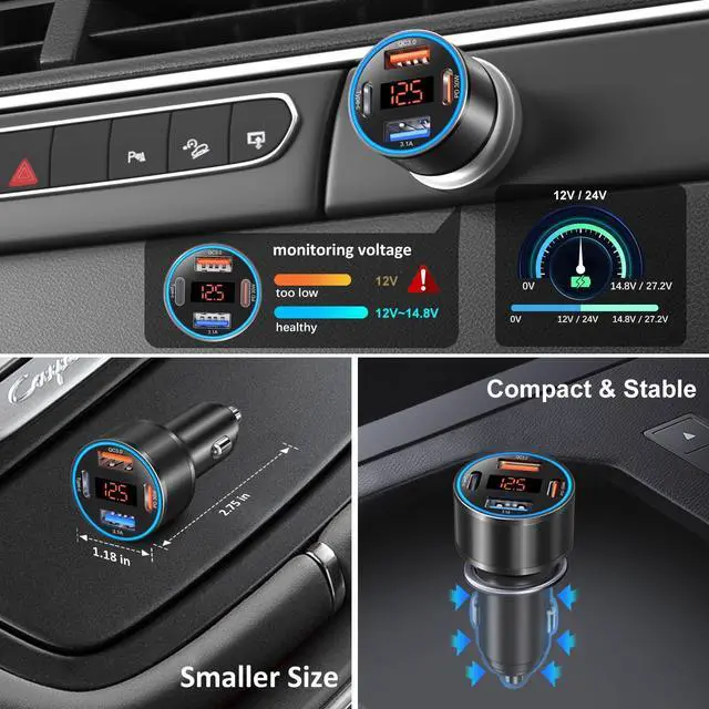 Alt view image 12 of 14 - 3 Pack USB C Car Charger, 4-Port 65W Dual 12V USB-A & USBC Cigarette Lighter Adapter Plug with Voltmeter PD/QC 3.0 Fast Charging Car Phone Charger for iPhone 17 16e 15 14 13 12 Pro Max, Android-Black