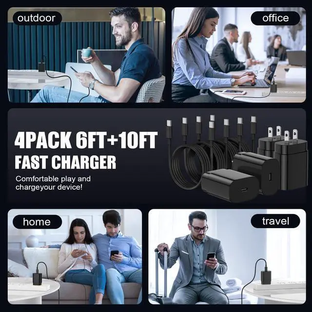 Alt view image 14 of 14 - Type C Charger Fast Charging for Samsung Galaxy S25 S24 S23 S22 Note 20,4Pack 25W Super USB C Fast Charger Block with (6ft+10ft) x2 Cables for iPhone 15/16 Pro Max/Plus, Android Phones - Black