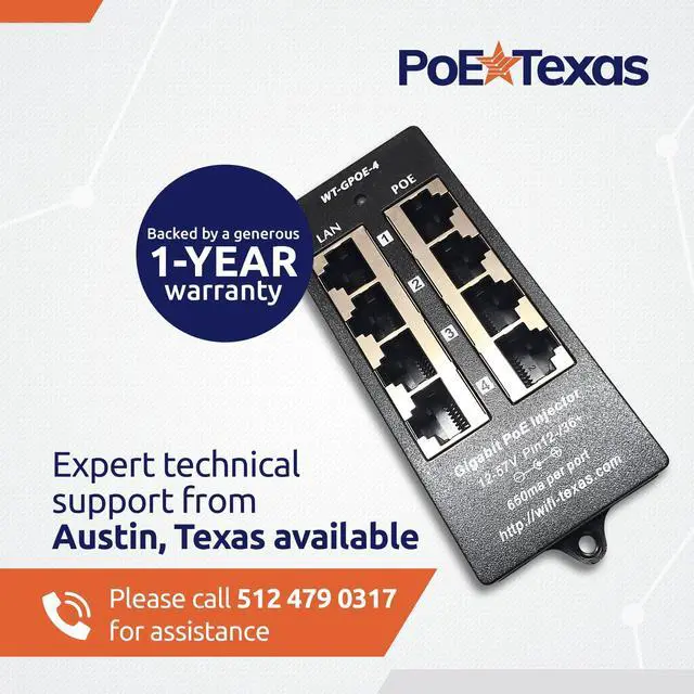 Alt view image 14 of 14 - 4 Port PoE Injector - Gigabit Passive Power Over Ethernet - 802.3af or at Compatible PoE Injector for VoiP Phones, WiFi Access Points, IP Cameras - 4 Ports of Data + Power Out