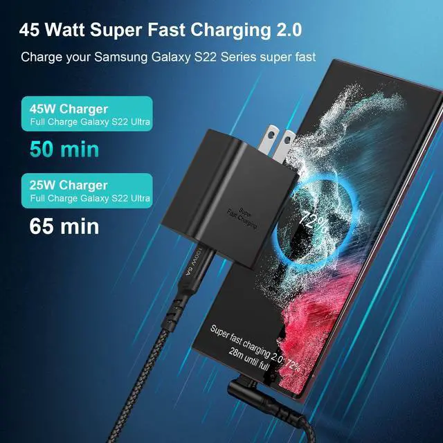 Alt view image 10 of 14 - Super Fast Charger Type C, 45W USB C Charger Type C Fast Charging Block with 6FT Right Angle 5A USB C Cable for Samsung Galaxy S26 S25 S24 Ultra S24+ S23 Plus S23 S22 S21,Tab S7 S8 S9 FE S10+