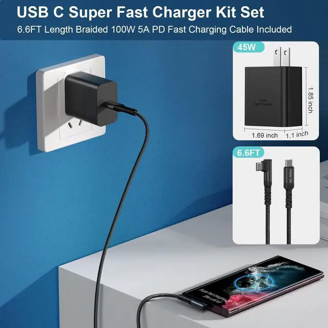 Alt view image 11 of 14 - Super Fast Charger Type C, 45W USB C Charger Type C Fast Charging Block with 6FT Right Angle 5A USB C Cable for Samsung Galaxy S26 S25 S24 Ultra S24+ S23 Plus S23 S22 S21,Tab S7 S8 S9 FE S10+