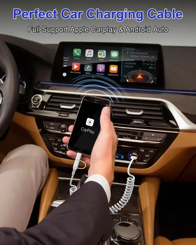 Alt view image 9 of 14 - USB to Lightning and USB C Cable 2 in 1 Coiled iPhone Charger Cord - Car Charger Lightning USB C Combo Support Apple Carplay & Android Auto & Data Sync, for iPhone 16 15 14 13 12 11 Android, White