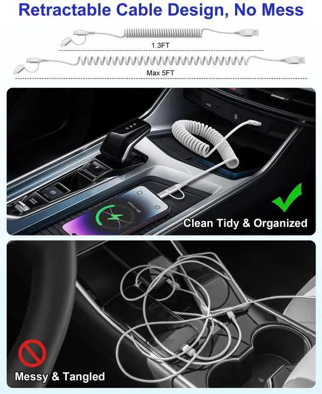 Alt view image 10 of 14 - USB to Lightning and USB C Cable 2 in 1 Coiled iPhone Charger Cord - Car Charger Lightning USB C Combo Support Apple Carplay & Android Auto & Data Sync, for iPhone 16 15 14 13 12 11 Android, White