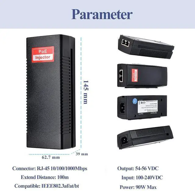 Alt view image 14 of 14 - Gigabit 90W PoE++ Injector 54-56V Adapter, 10/100/1000Base-T IEEE 802.3bt PoE Standard Active POE+, Plug and Play for Wireless Access Points/PTZ/Videophones