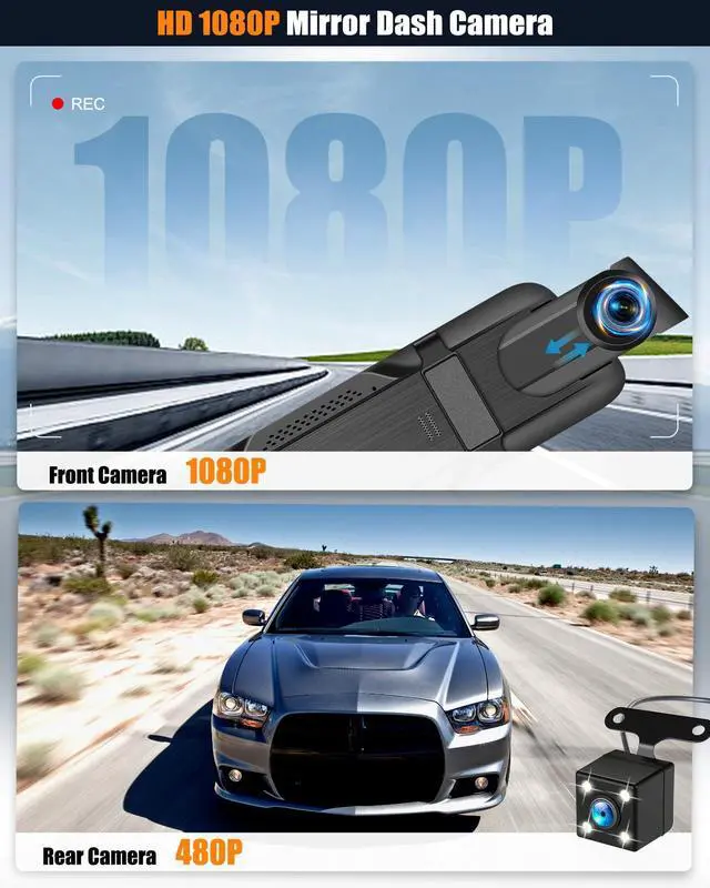 Alt view image 9 of 14 - Mirror Dash Cam, 9.66" 1080P FHD IPS Touch Screen Rear View Mirror Camera, Front and Backup Camera for Cars, Dashcam Night Vision, Loop Recording, Wide Angle, Parking Assistance