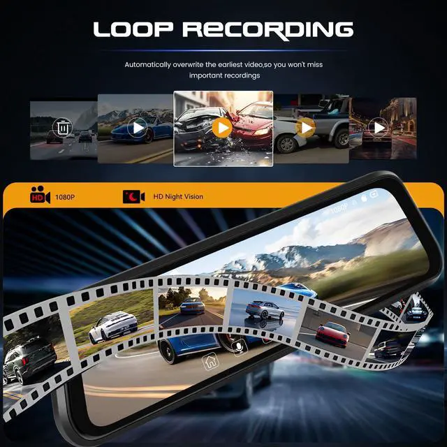 Alt view image 10 of 14 - Mirror Dash Cam, 9.66" 1080P FHD IPS Touch Screen Rear View Mirror Camera, Front and Backup Camera for Cars, Dashcam Night Vision, Loop Recording, Wide Angle, Parking Assistance