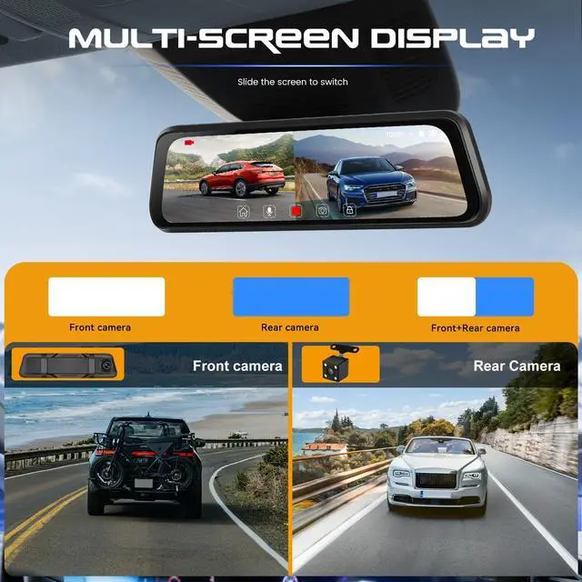 Alt view image 13 of 14 - Mirror Dash Cam, 9.66" 1080P FHD IPS Touch Screen Rear View Mirror Camera, Front and Backup Camera for Cars, Dashcam Night Vision, Loop Recording, Wide Angle, Parking Assistance