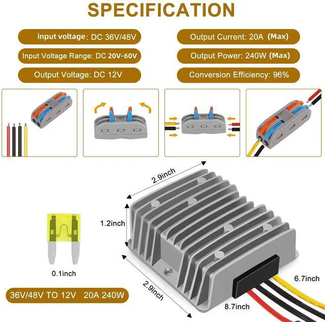 Alt view image 9 of 14 - DC-DC 36V 48V to 12V 20A 240W Golf cart, Buck Converter, Voltage Regulator, Waterproof Power Module with Fuse (Input Range:18V 24V 36V 48V 60V to 12v)