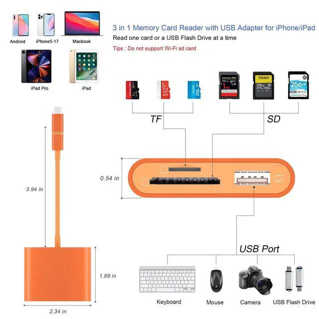 Alt view image 9 of 14 - SD Card Reader for iPhone, Memory Card Reader with USB-C to Light-ning Adapter Plug and Play Trail Game Camera Micro SD Card Viewer Support SD/TF Card and USB for iPad No App Required (Orange)