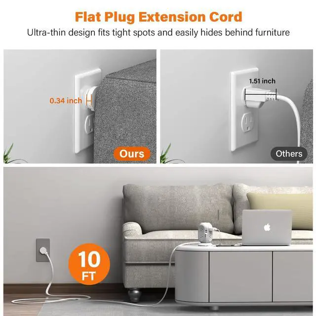 Alt view image 10 of 14 - Surge Protector Power Strip Tower with 8 Outlets 4 USB Ports(1 USB-C), 10 FT Flat Extension Cord with Multiple Outlets, Charging Tower with Surge Protection for Home Office Dorm Room Essentials