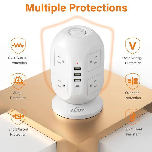 Alt view image 13 of 14 - Surge Protector Power Strip Tower with 8 Outlets 4 USB Ports(1 USB-C), 10 FT Flat Extension Cord with Multiple Outlets, Charging Tower with Surge Protection for Home Office Dorm Room Essentials
