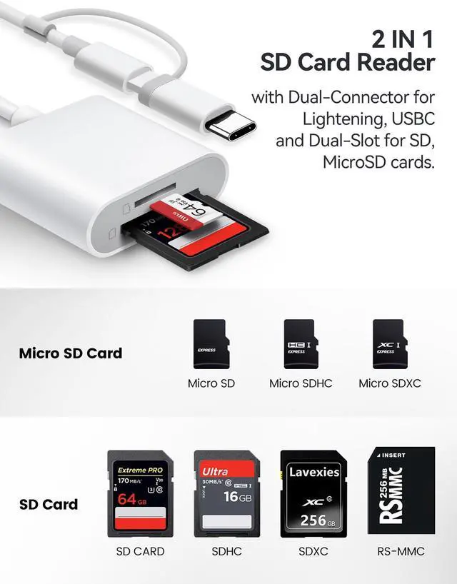 Alt view image 9 of 14 - SD Card Reader for iPhone, SD Card Adapter with Lightening & USBC Dual-Connector for iPhone 5-14, USB-C iPhone 15, iPad, Mac or MacBook, Supports SD MicroSD Trail Camera Viewer, Plug and Play