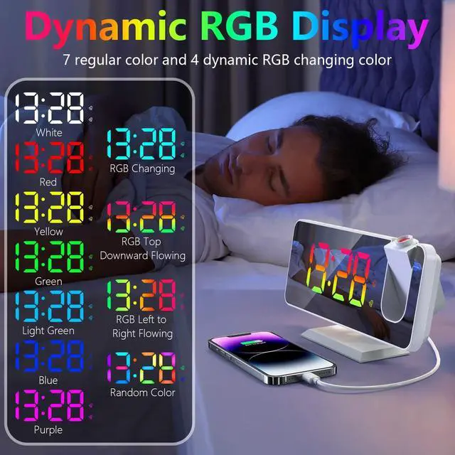 Alt view image 10 of 14 - Projection Alarm Clock for Bedroom Ceiling, 180° Rotatable Projector 7.4 Mirror RGB Digital LED Display 12/24H, 5 Level Brightness Dimmer, Dual Alarm Clock (White)