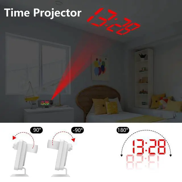Alt view image 9 of 14 - Projection Alarm Clock for Bedroom Ceiling, 180° Rotatable Projector 7.4 Mirror RGB Digital LED Display 12/24H, 5 Level Brightness Dimmer, Dual Alarm Clock (White)