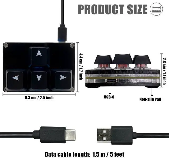 Alt view image 7 of 10 - Mini 4-Key Keypad WASD Arrow Key Keycaps Keyboard One-Handed Mechanical Gaming Keypad Programmable USB-C Customized Keyboard for Working or Gaming (Black, Arrow Keycaps 1)