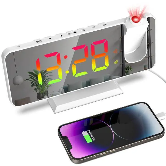 Alt view image 8 of 14 - Projection Alarm Clock for Bedroom Ceiling, 180° Rotatable Projector 7.4 Mirror RGB Digital LED Display 12/24H, 5 Level Brightness Dimmer, Dual Alarm Clock (White)