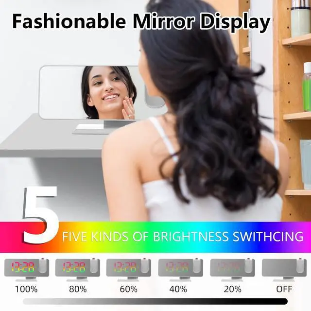 Alt view image 12 of 14 - Projection Alarm Clock for Bedroom Ceiling, 180° Rotatable Projector 7.4 Mirror RGB Digital LED Display 12/24H, 5 Level Brightness Dimmer, Dual Alarm Clock (White)