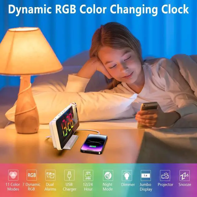 Alt view image 11 of 14 - Projection Alarm Clock for Bedroom Ceiling, 180° Rotatable Projector 7.4 Mirror RGB Digital LED Display 12/24H, 5 Level Brightness Dimmer, Dual Alarm Clock (White)