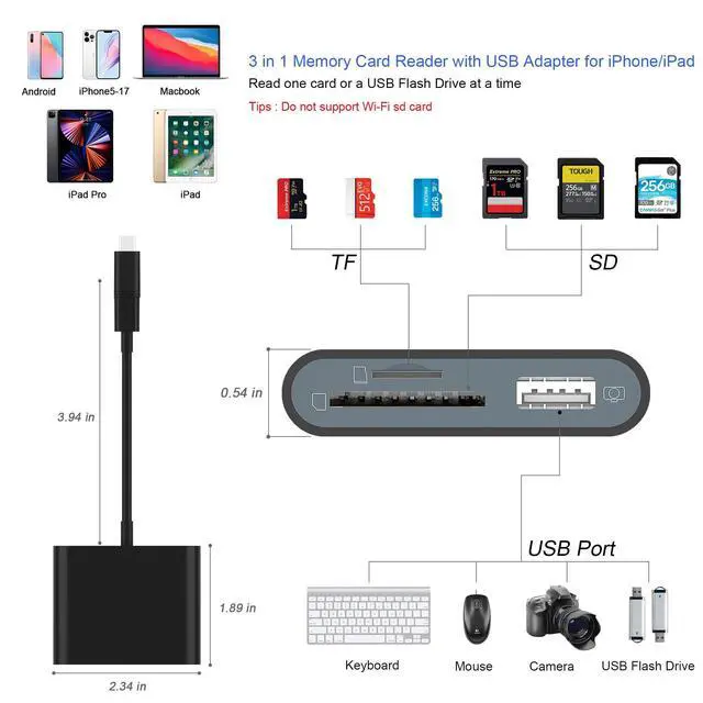 Alt view image 9 of 14 - SD Card Reader for iPhone, Memory Card Reader with USB-C to Light-ning Adapter Plug and Play Trail Game Camera Micro SD Card Viewer Support SD/TF Card and USB for iPad No App Required (Black)
