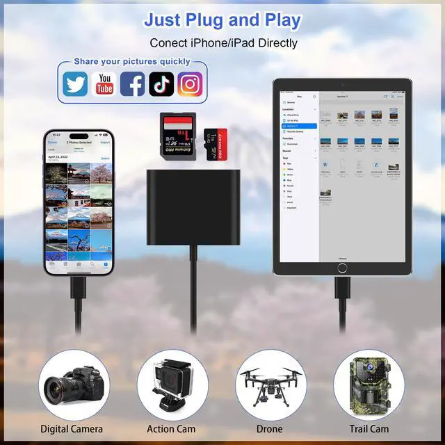 Alt view image 10 of 14 - SD Card Reader for iPhone, Memory Card Reader with USB-C to Light-ning Adapter Plug and Play Trail Game Camera Micro SD Card Viewer Support SD/TF Card and USB for iPad No App Required (Black)