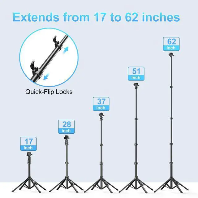 Alt view image 11 of 14 - 62" Professional Cell Phone Tripod, Ultra Stable 4 Leg Design, Bluetooth Remote, 100% All Aluminum Stick & Legs, Portable All in One, 360° Phone Mount with 2 Cold Shoe Slots, Non Skid Feet