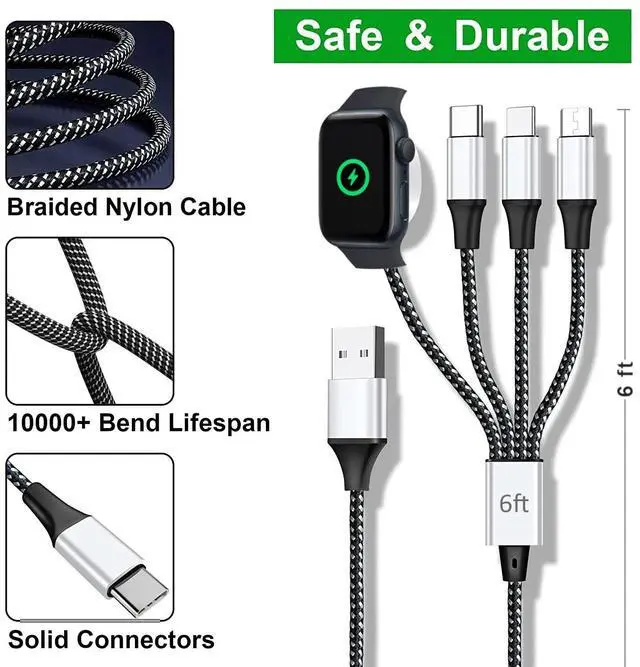 Alt view image 11 of 14 - Multi Charging Cable for Apple Watch Charger (6FT) 4 in 1 Braided Cord for Multiple Devices, USB C/Micro/Multi Charger Compatible with iWatch Series 111, iPhone 17/16/15/14, iPad
