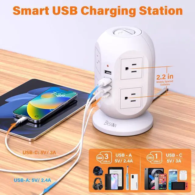 Alt view image 9 of 12 - Tower Surge Protector Power Strip 10 ft with 8 Outlets 4 USB Ports(1 USB C), Flat Plug Extension Cord with Multiple Outlets Charging Station for Home Office Dorm, White