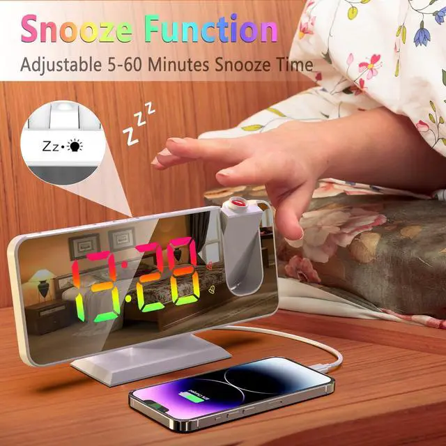 Alt view image 14 of 14 - Projection Alarm Clock for Bedroom Ceiling, 180° Rotatable Projector 7.4 Mirror RGB Digital LED Display 12/24H, 5 Level Brightness Dimmer, Dual Alarm Clock (White)