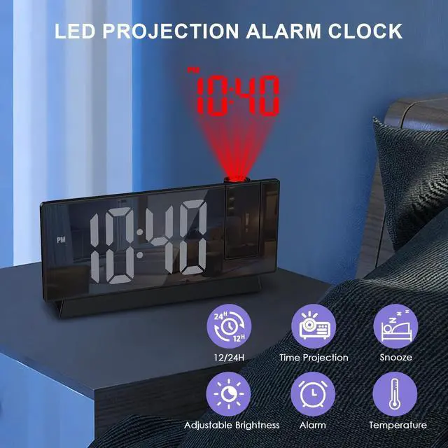 Alt view image 9 of 14 - Projection Alarm Clock, Large Screen Projector Clock for Bedroom Ceiling, Digital Clock with 180° Projector, 4 Levels Brightness, Alarm Clock Projector with Temperature Date Snooze 12H/24H