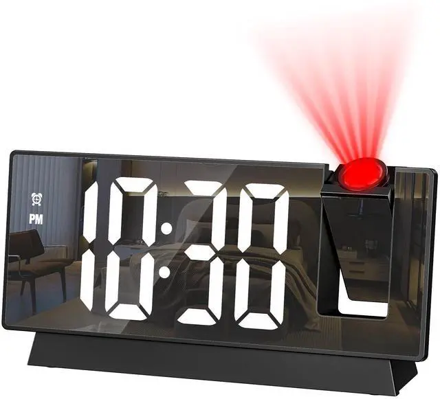 Alt view image 8 of 14 - Projection Alarm Clock, Large Screen Projector Clock for Bedroom Ceiling, Digital Clock with 180° Projector, 4 Levels Brightness, Alarm Clock Projector with Temperature Date Snooze 12H/24H