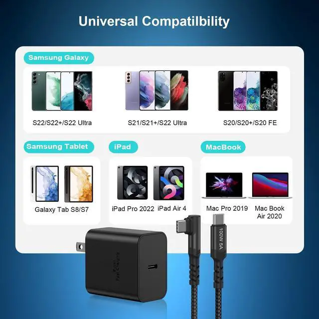 Alt view image 14 of 14 - Super Fast Charger Type C, 45W USB C Charger Type C Fast Charging Block with 6FT Right Angle 5A USB C Cable for Samsung Galaxy S26 S25 S24 Ultra S24+ S23 Plus S23 S22 S21,Tab S7 S8 S9 FE S10+