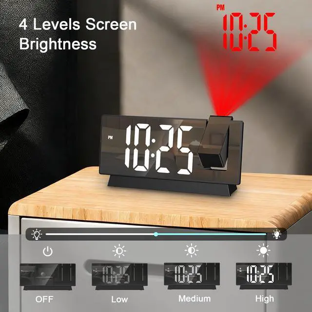Alt view image 11 of 14 - Projection Alarm Clock, Large Screen Projector Clock for Bedroom Ceiling, Digital Clock with 180° Projector, 4 Levels Brightness, Alarm Clock Projector with Temperature Date Snooze 12H/24H