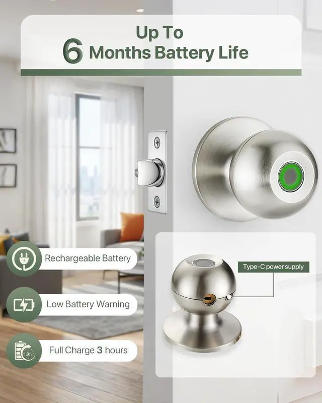 Alt view image 10 of 14 - Fingerprint Door Knob, Biometric Door Lock with Auto Lock, Passage Mode, Rechargeable Battery, Thumbprint Entry Door Knob for Bedroom, Office, Apartment & Front Door