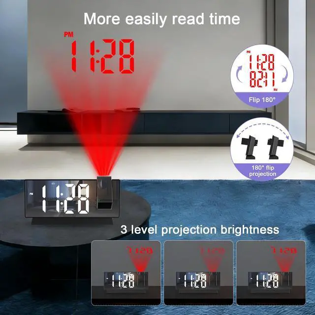 Alt view image 10 of 14 - Projection Alarm Clock, Large Screen Projector Clock for Bedroom Ceiling, Digital Clock with 180° Projector, 4 Levels Brightness, Alarm Clock Projector with Temperature Date Snooze 12H/24H