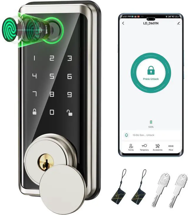 Alt view image 8 of 14 - Keyless Entry Door Lock, Smart Auto Locks for Front Door & Key Fobs & Remote Control, Keypad Deadbolt Digital, Fingerprint Door Lock with Code, Cerraduras Inteligentes, IP68, Satin Nickel
