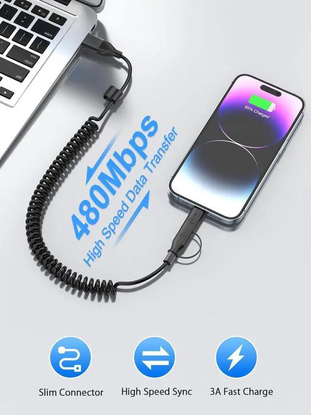 Alt view image 12 of 14 - Coiled USB C and Lightning Cable 2 in 1, 3FT Retractable iPhone 15 16 17 Car Charger Cord 60W Fast Charging Apple USB C CarPlay Cable Type C Car Charger Cord for iPhone 17-6/Samsung/pad/Airpod
